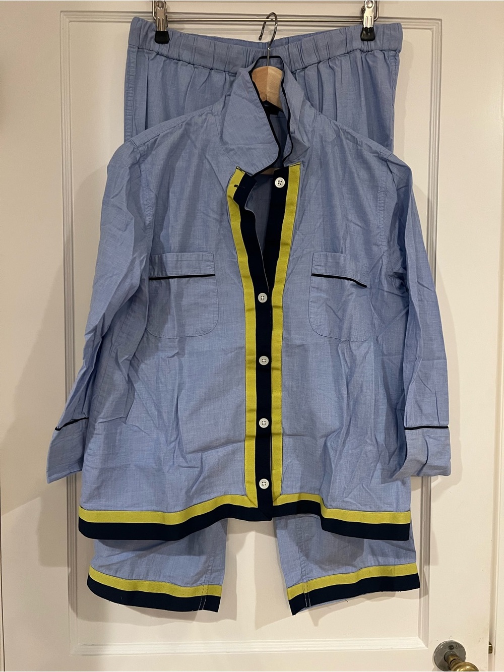 J. Crew Pajama Set in Light Blue with Navy and Yellow Trim